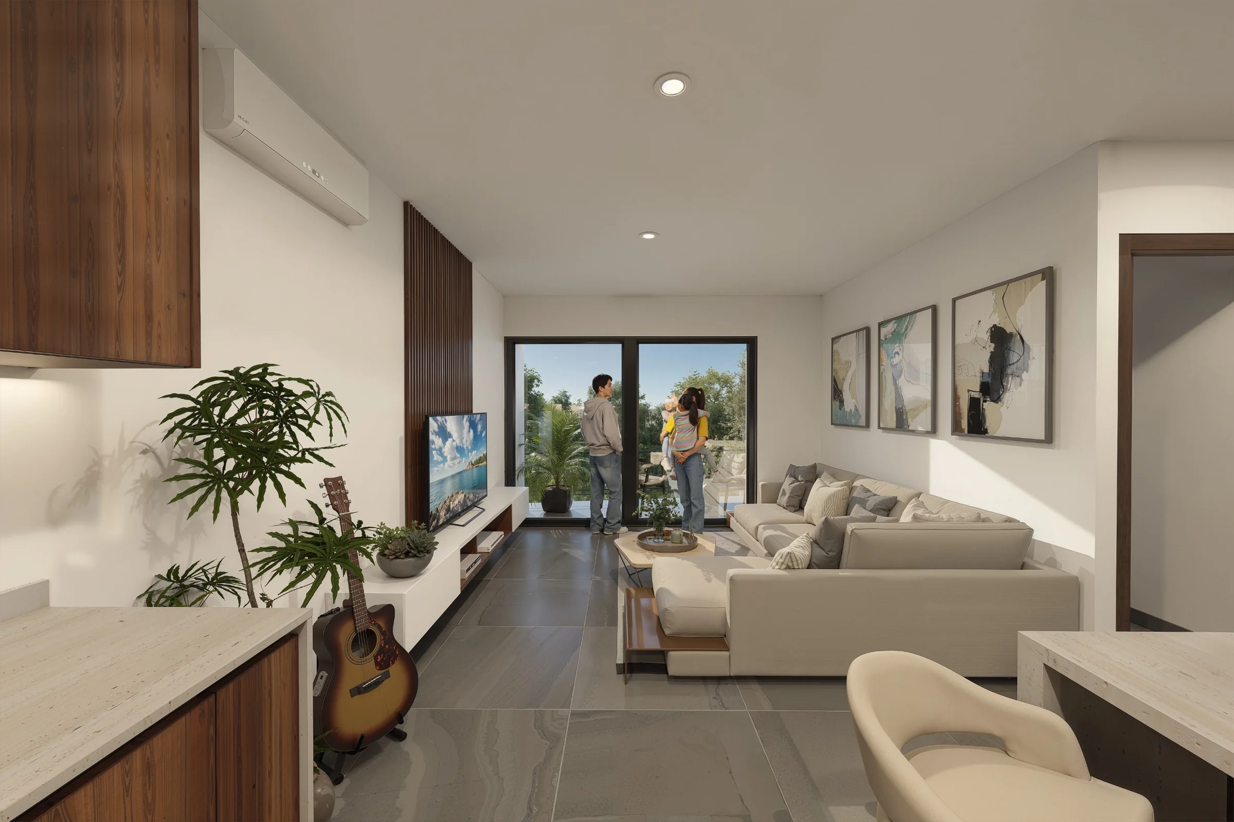 Sala y ventanal del modelo Ámbar · Unidad N3-D306 · ÁMBAR